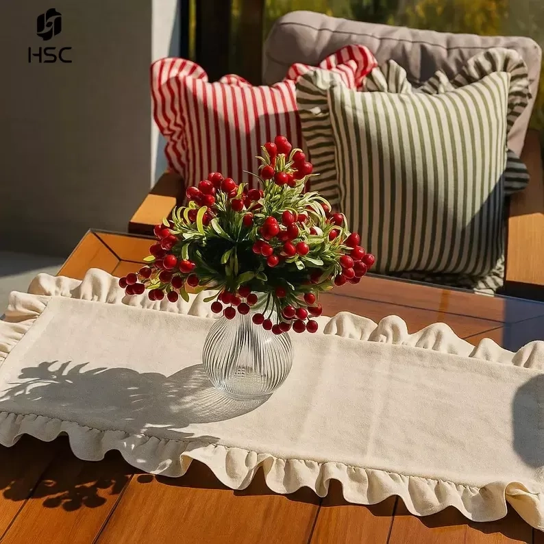 Cotton Linen Red Striped Ruffle Table Runner
