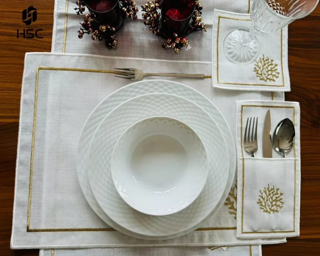 woven embroidered napkin placemat and table runner