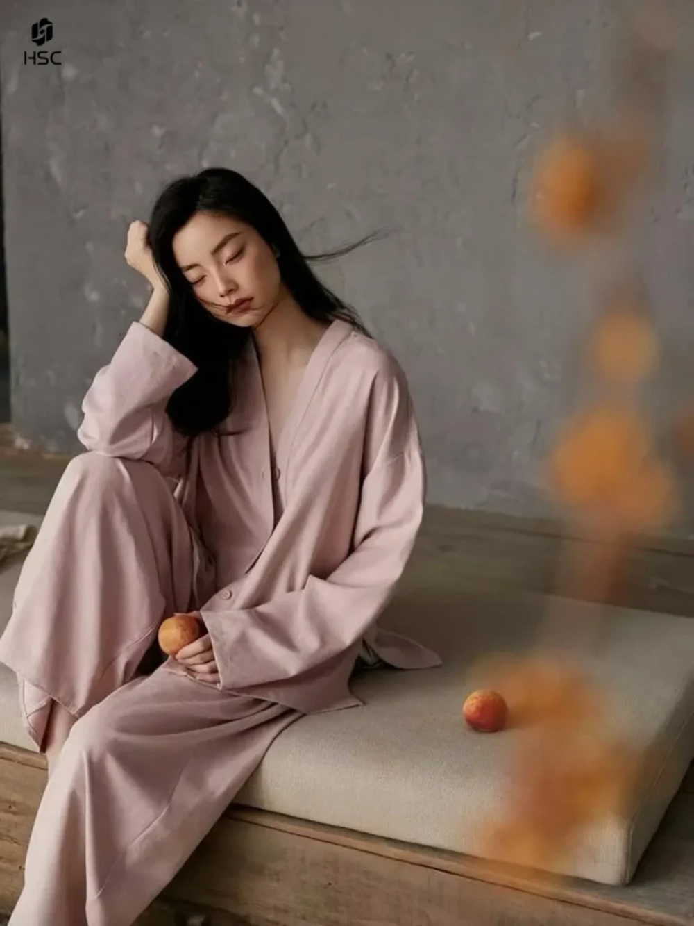 Soft Cotton Pajama Set Kimono Collar Loungewear with Bra Lining