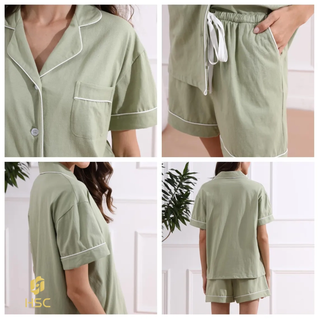 HSC Factory Direct Sales Custom Pure Cotton Long and Short Sleeves Solid Color Breathable Women’s Pajamas Set