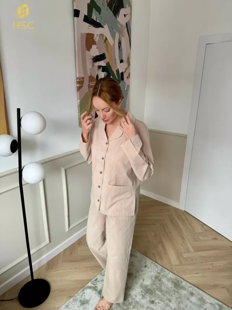 HSC Pure Cotton V-Neck Knit Pajama Set Wholesale Custom Knitted Fabric Pajama