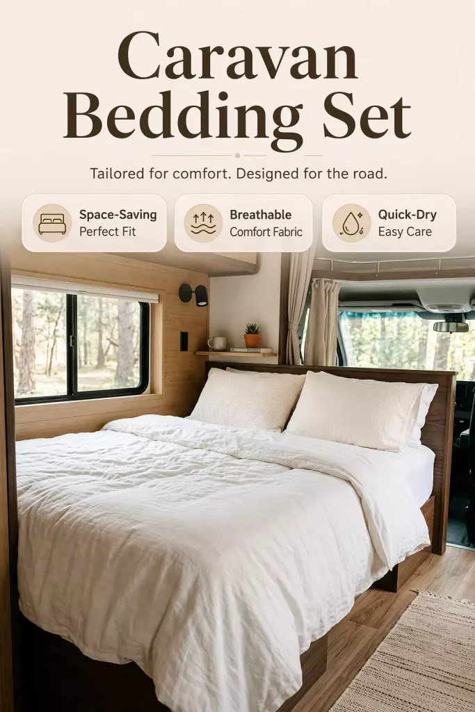 White washed cotton caravan bedding set on a short queen RV mattress