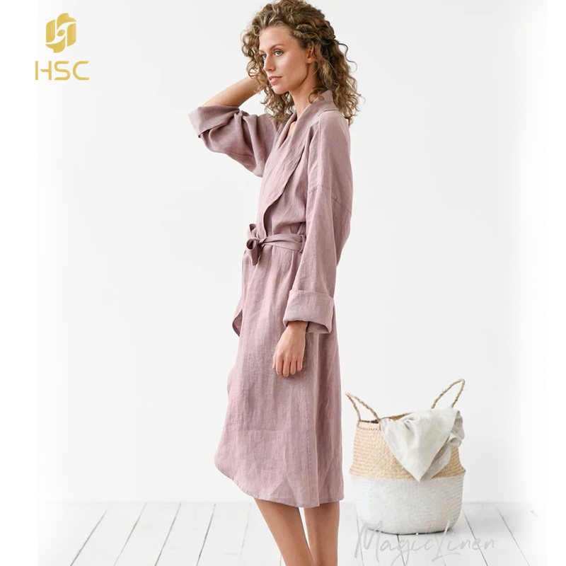 HSC 100% Linen Classic Robe Custom Logo Hemp Loungewear French Baby Linen Pajamas Set
