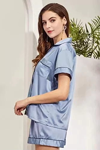 Light blue short-sleeve and shorts bamboo lyocell pajama set worn by a model