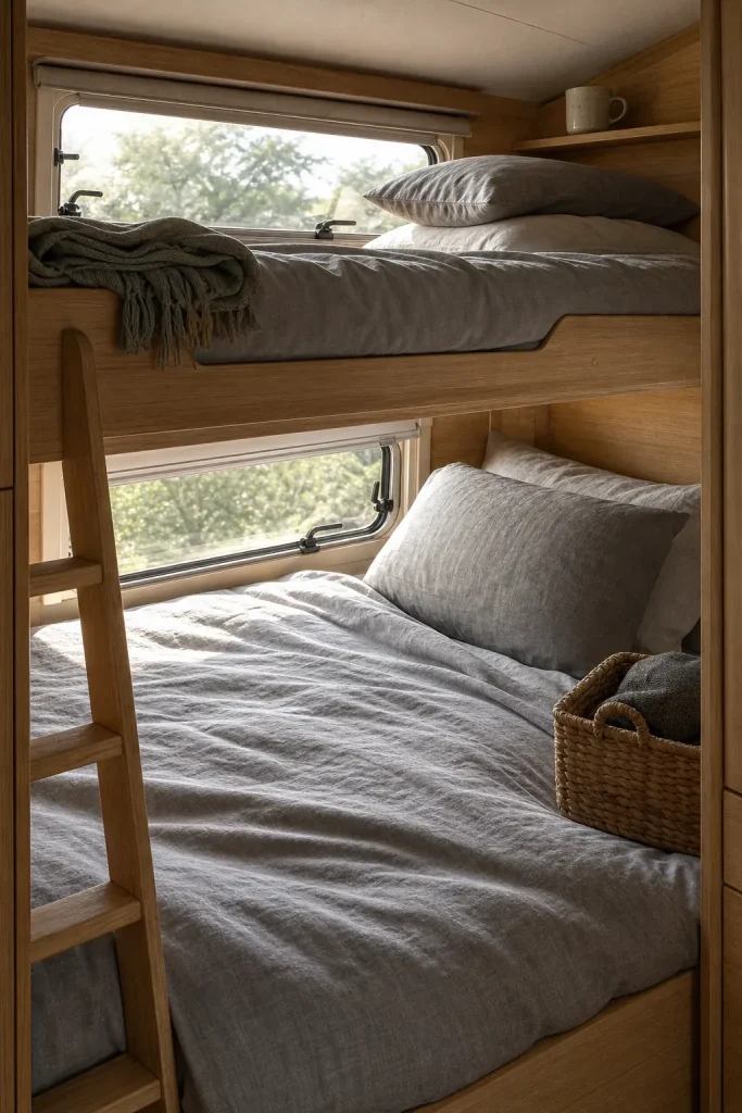 Gray zippered RV bunk mattress cover set on caravan bunk beds