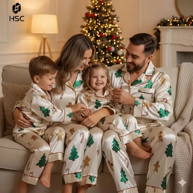 Family in matching green and red bamboo Christmas pajamas by a Christmas tree
