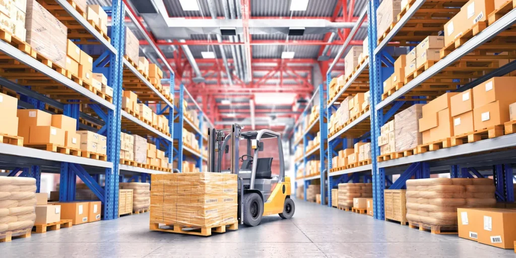 Export warehouse with cartons on racks and a forklift