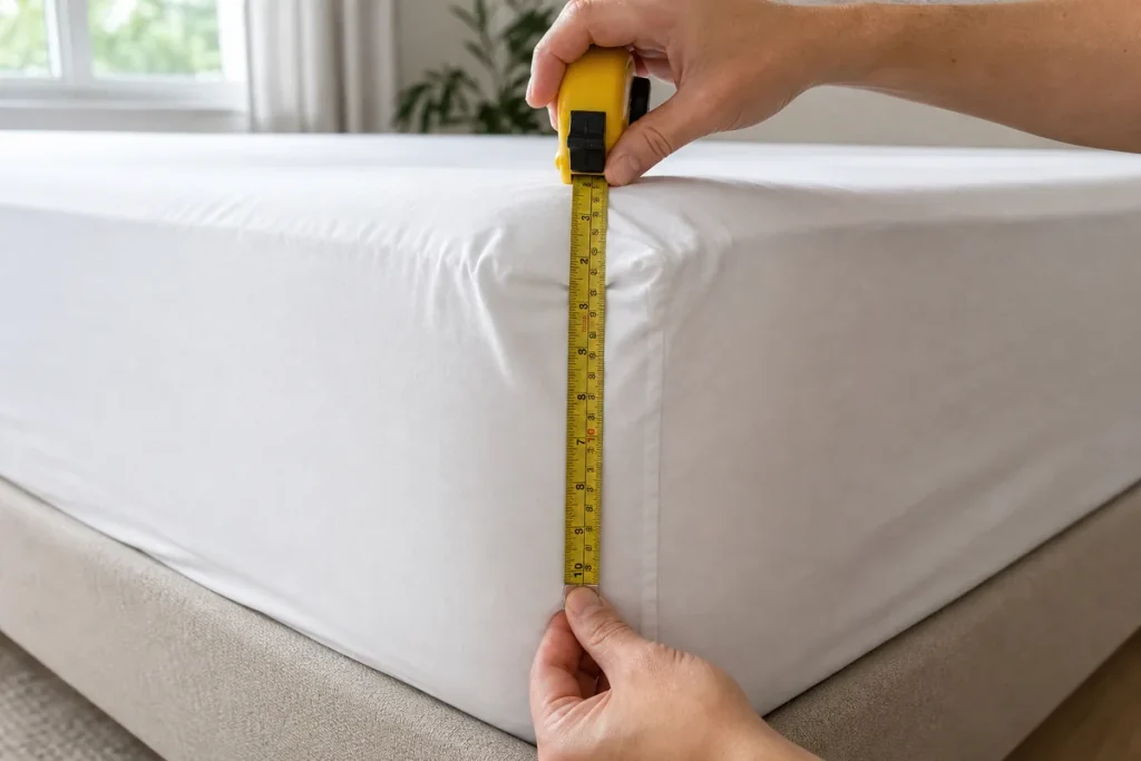 Fitted sheet corner measured with a tape measure on a mattress