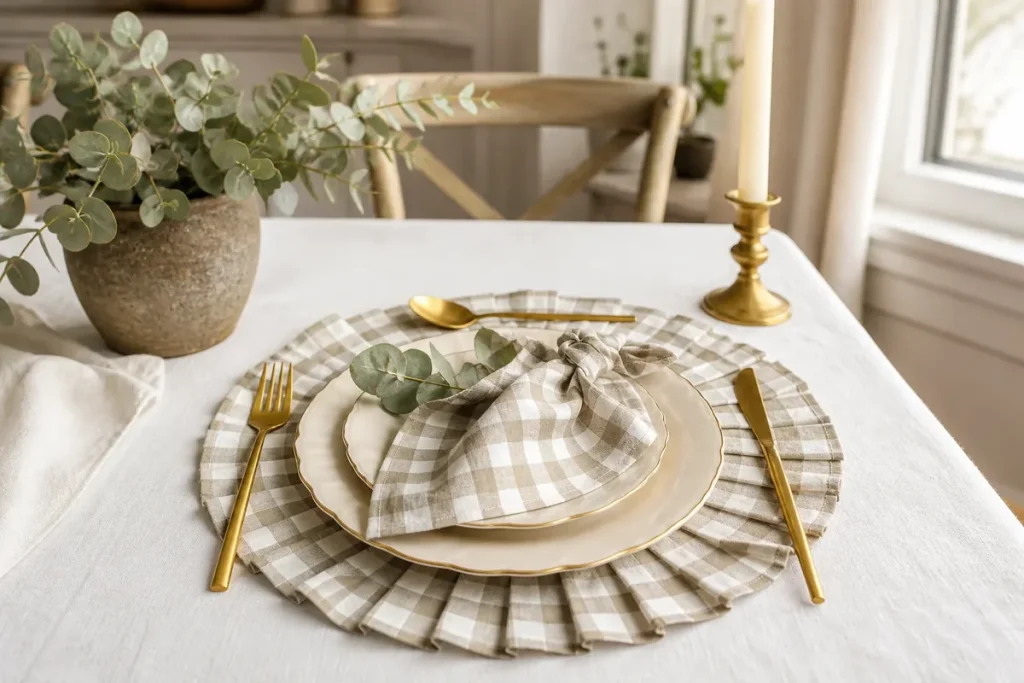 Gingham ruffled placemat under a plain linen napkin