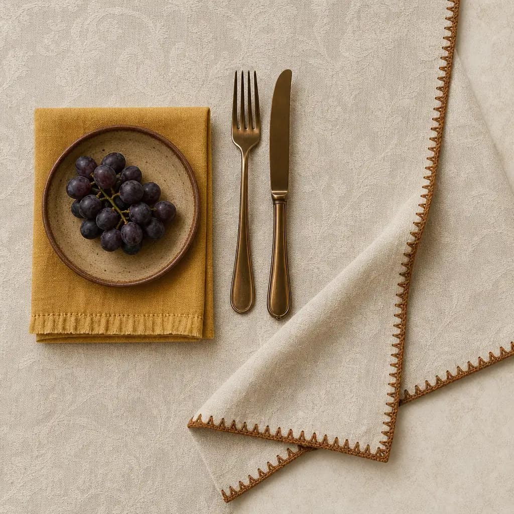 Cream linen tablecloth with a mustard napkin and grapes in a table setting