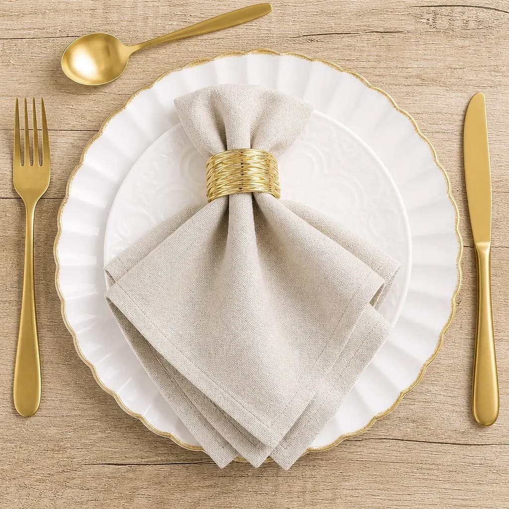 Beige linen napkin in a gold napkin ring on a white dinner plate