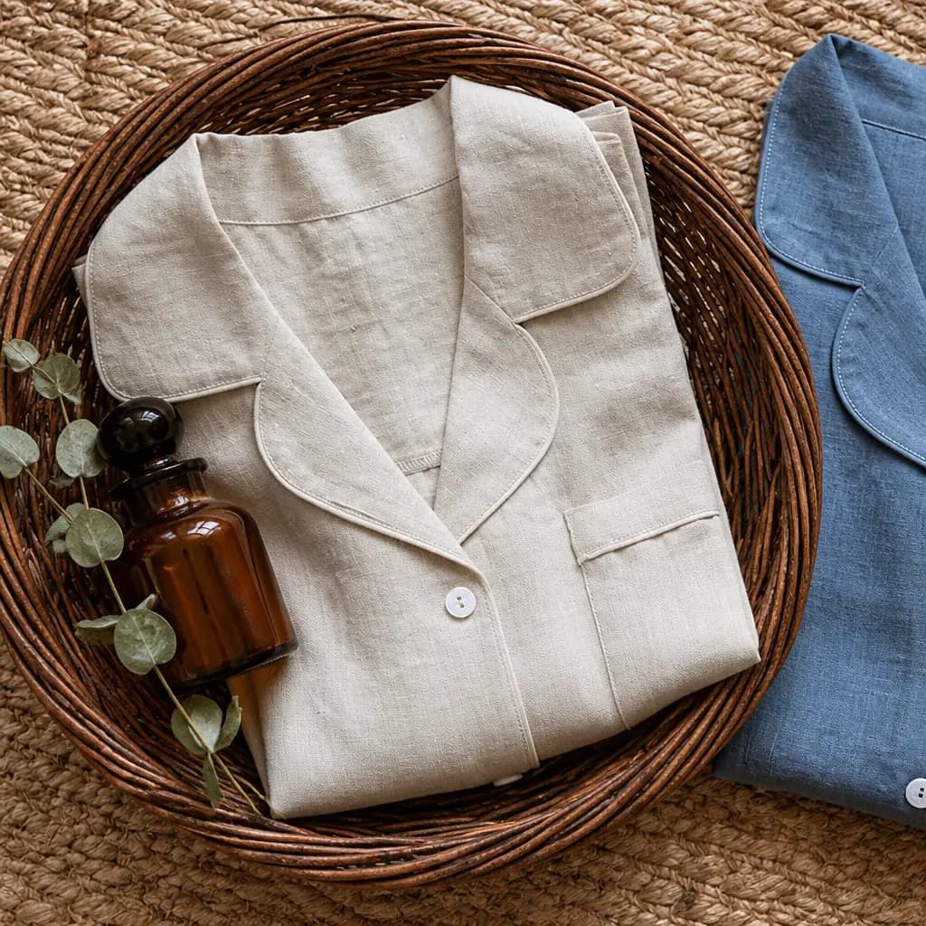 Beige and blue washed linen robes folded in a wicker basket