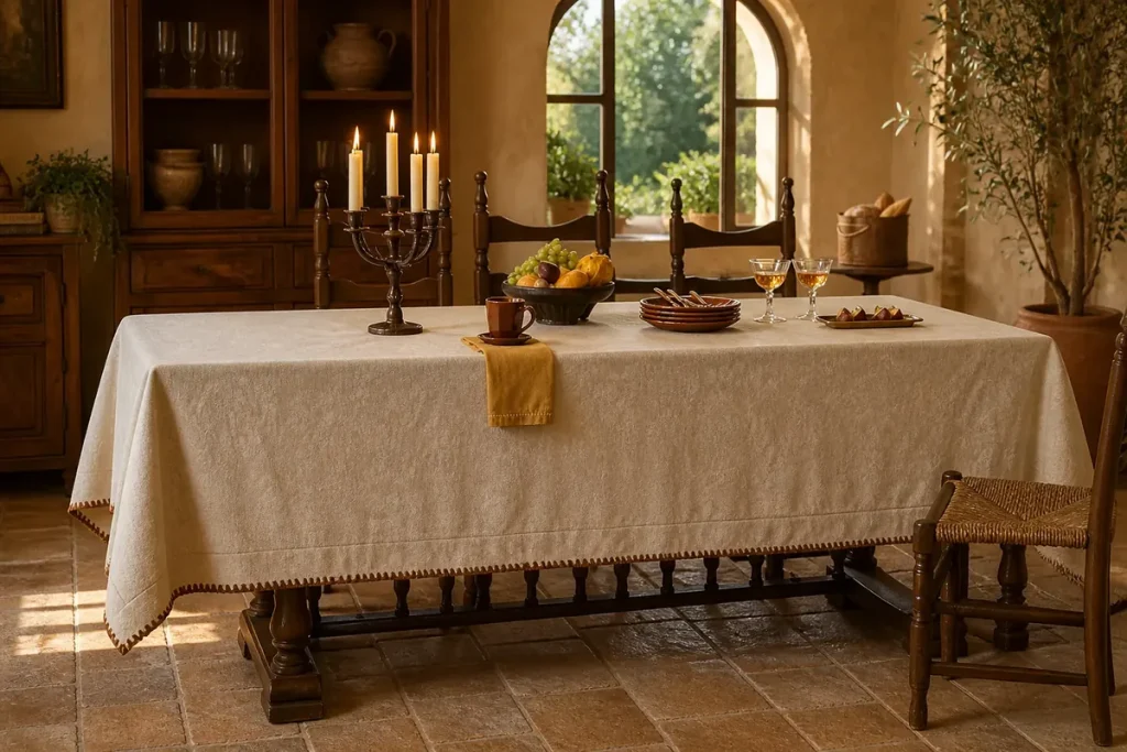 Easter lunch table with ivory linen cloth and sage napkins