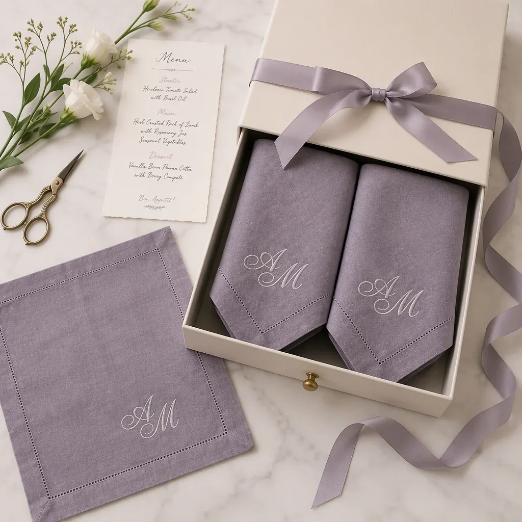 Folded linen napkins stacked with belly bands for Easter stock