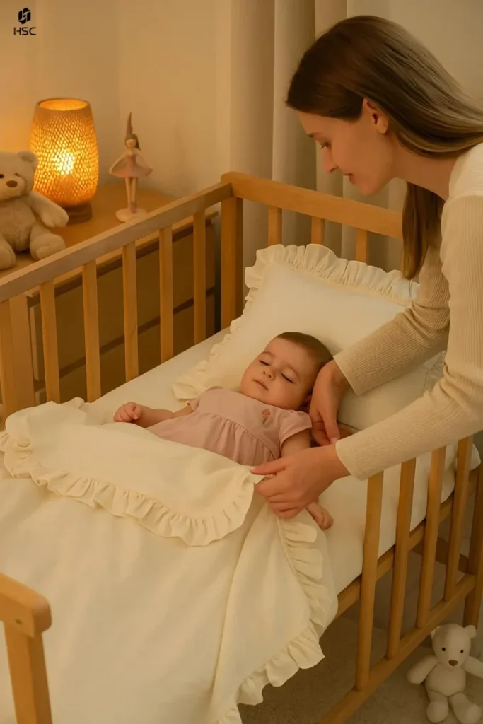 Mother tucking a baby into a crib with ruffled cotton bedding
