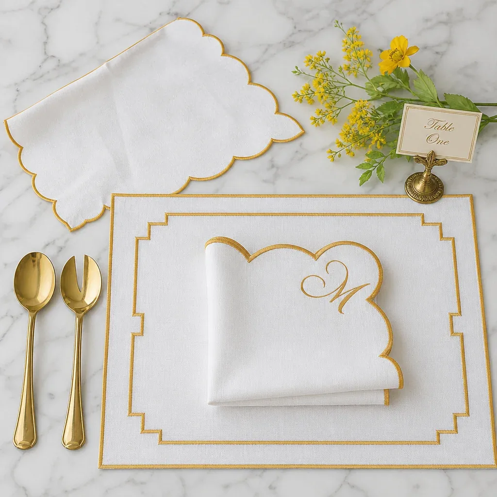 Layered Easter table with linen runner, placemats and scalloped napkins