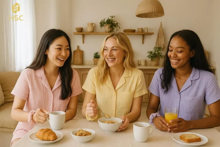 Three women in pastel short-sleeve pajamas having breakfast together